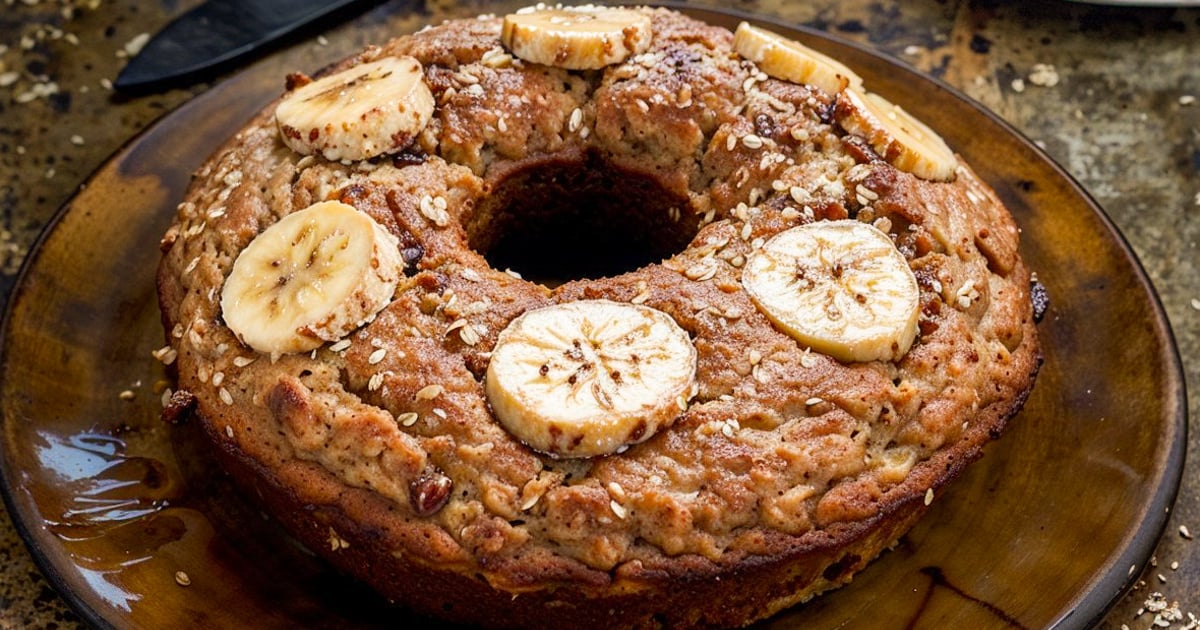 Bolo de banana com aveia fatiado, com pedaços de banana por cima
