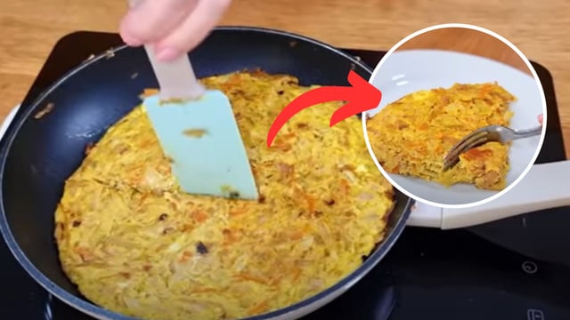 Frittata fit com atum e legumes servida em frigideira antiaderente