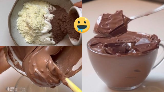 Mousse de chocolate crocante sem açúcar servido em taça individual